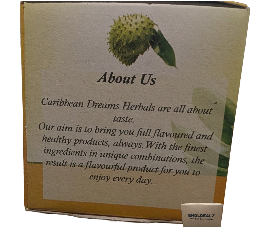 Caribbean Dreams Soursop Graviola Tea box showing brand about us description and product packaging details