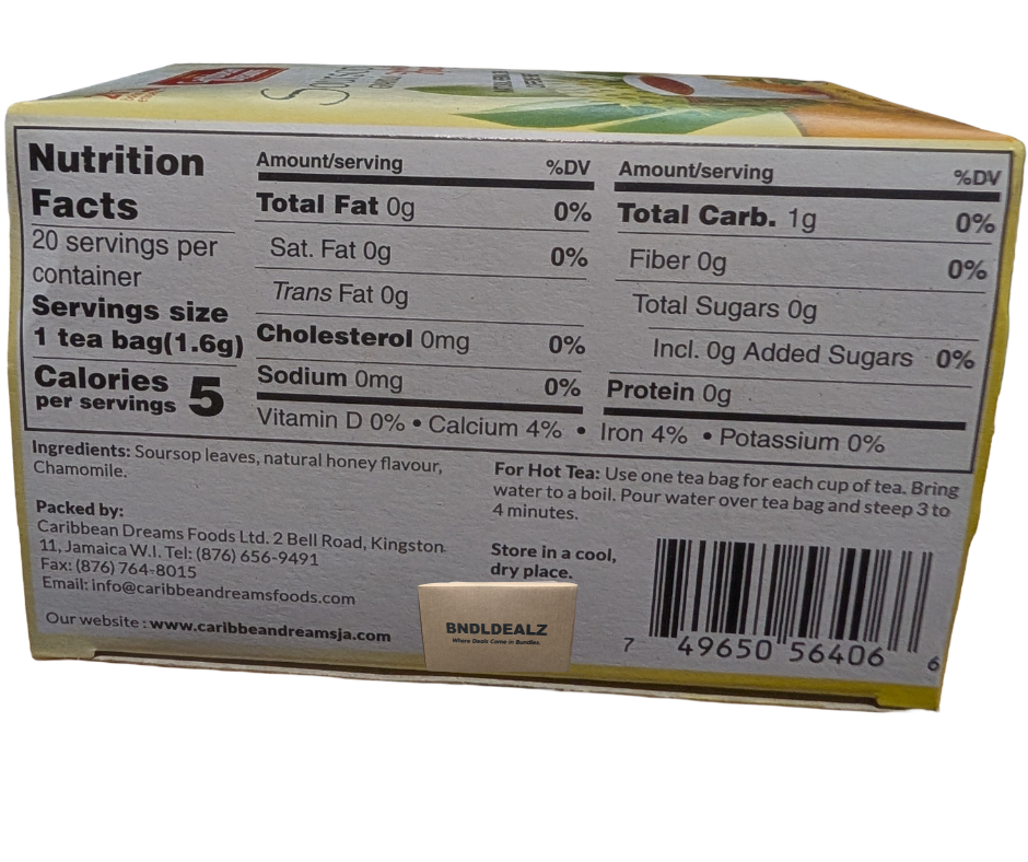 Caribbean Dreams Soursop Graviola Tea nutrition facts label with ingredients and preparation instructions