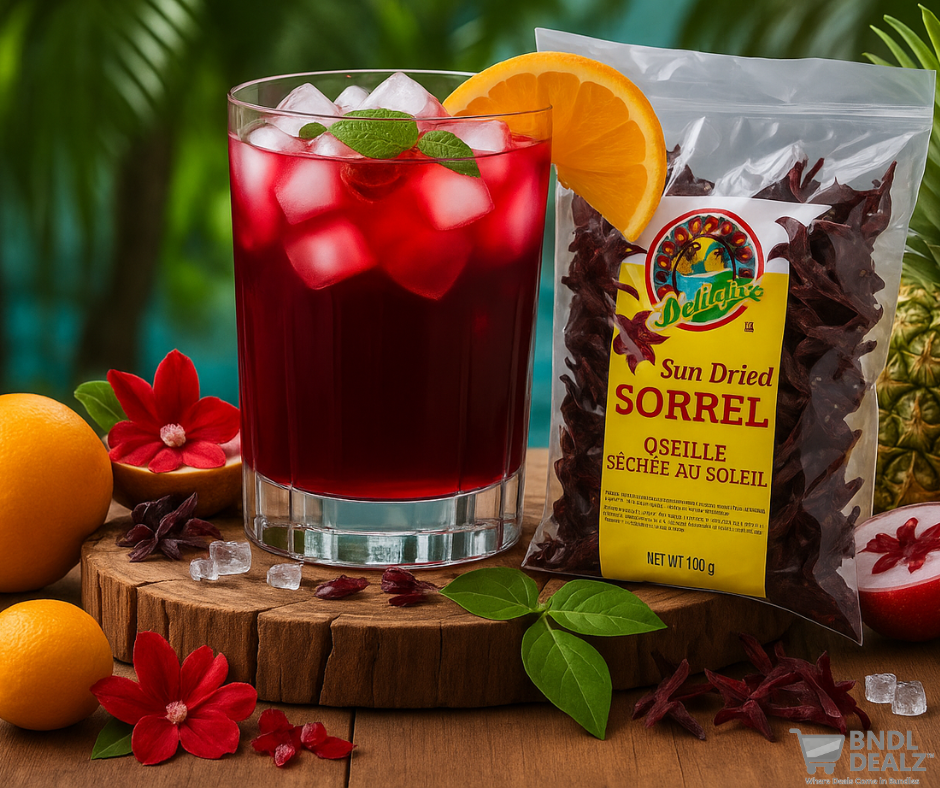 Caribbean Delight sun dried sorrel hibiscus used to make refreshing Jamaican sorrel drink with ice and citrus
