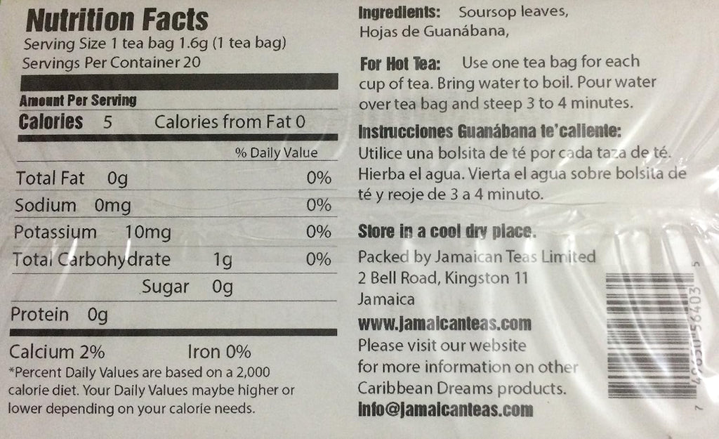 Caribbean Dreams soursop graviola herbal tea nutrition facts ingredients and brewing instructions