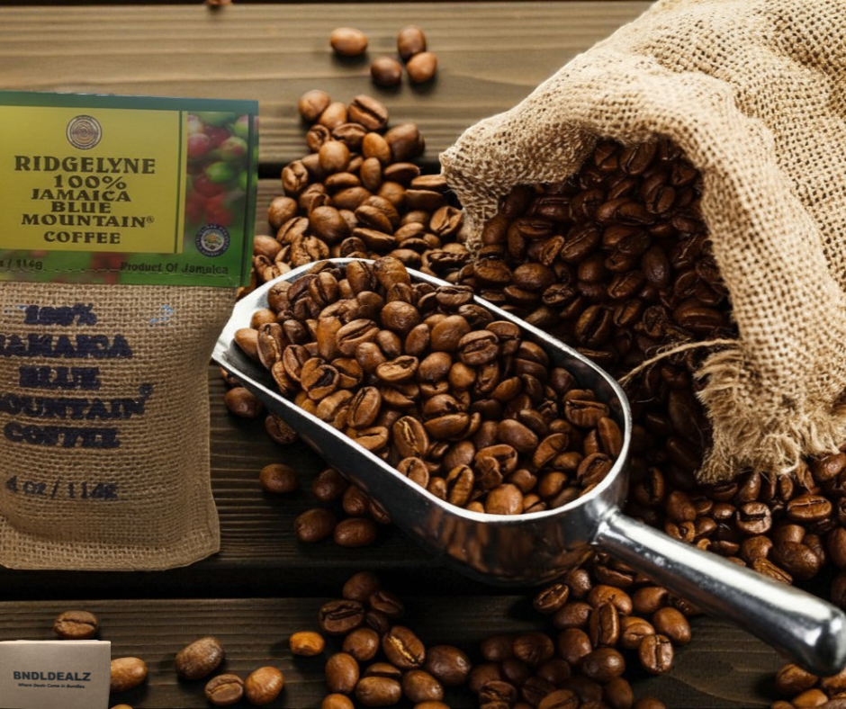Ridgelyne 100% Jamaica Blue Mountain Coffee roasted beans displayed in burlap sack with coffee scoop and whole beans, premium Caribbean coffee sold by BNDLDEALZ for Canada and USA shoppers