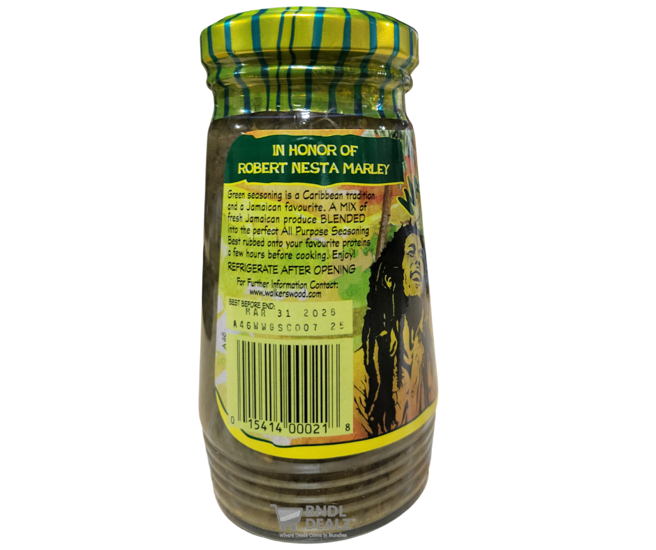Walkerswood Jamaican One Love Green Seasoning back label showing ingredients, storage instructions, nutrition details, and barcode on glass bottle