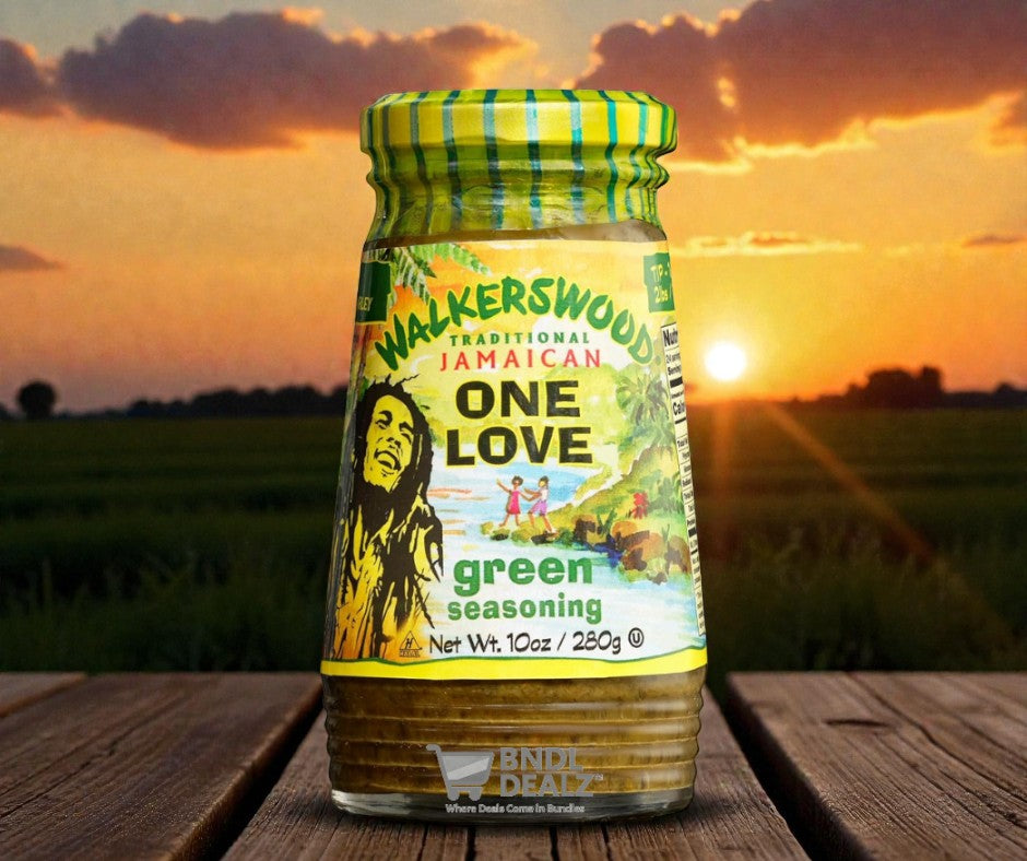Walkerswood Traditional Jamaican One Love Green Seasoning 10oz jar on wooden table at sunset authentic Caribbean seasoning Canada USA