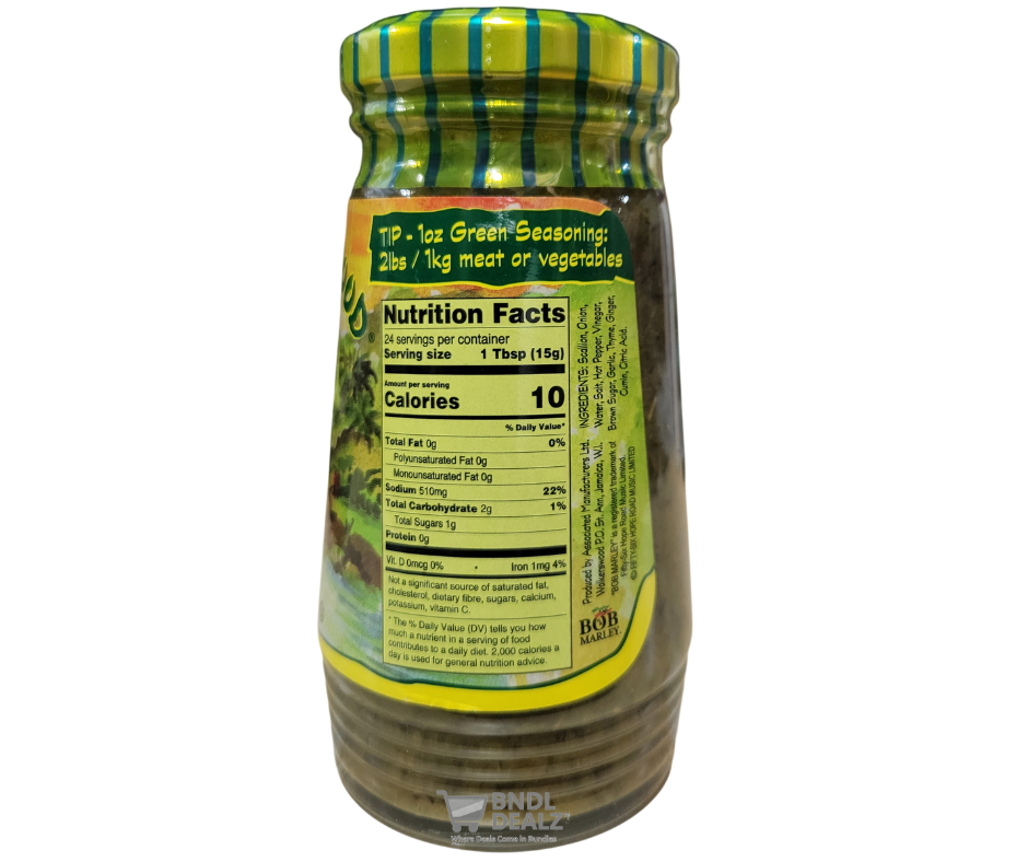 Walkerswood Traditional Jamaican One Love Green Seasoning nutrition facts label showing ingredients and nutritional information on the back of the 10oz bottle